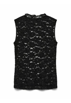 Czarny bezrękawnik wykonany z koronki z kwiatowym wzorem; posiada wysoką stójkę i zamek z tyłu ułatwiający zakładanie.