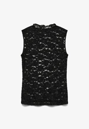 Melna bezroku mežģīņu blūze ar ziedu rakstiem; tai ir augsts kakls un aizmugurē rāvējslēdzējs ērtai uzvilkšanai.