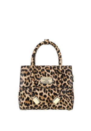 Borsa con stampa leopardata con doppi manici, dettagli in metallo color oro e targhetta frontale con la scritta "braccialini 1954 Firenze."
