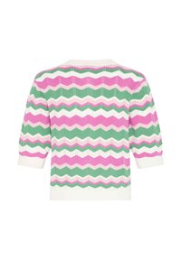 Strickpullover mit Zickzackmuster in Grün, Pink und Weiß. Verfügt über kurze Ärmel und eine gerippte Textur, die eine figurbetonte Silhouette bietet.