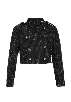 Fekete cropped dzseki struktúrált szövetből, szőtt mintával. Magas gallérral, dupla gombolású dizájnnal és fém gombokkal rendelkezik.