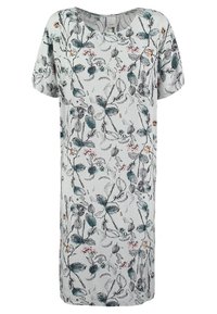 Blommönstrad knälång klänning med korta ärmar. Vit bakgrund med gröna och rosa botaniska illustrationer. Mjuk tygtextur.