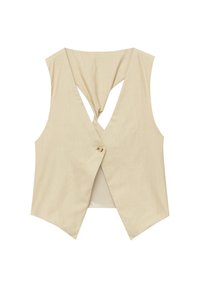 Beige ärmlös väst med V-ringning, med skuren rygg, framknäppning och slät textur.