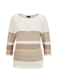Gebreide trui met horizontale strepen in crèmekleurige en beige tinten, met opengewerkte en ribbeltexturen, een bootnek en driekwartmouwen.