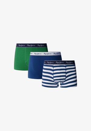 Trzy pary męskich bokserek: jednolite w kolorze zielonym, jednolite granatowe oraz granatowe w białe paski. Wszystkie mają elastyczny pas z logo marki.