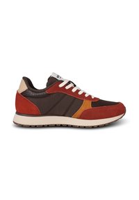 Sneakers in red, brown, and orange suede and mesh; white laces; patterned detailing; rubber outsole with grip; low-profile design.