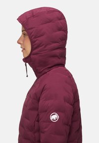 Bordowa kurtka puchowa z kapturem, z przyszytym wzorem, zapięciem na sznurek oraz białym logo na lewym rękawie.