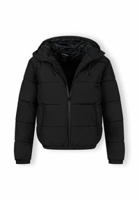 Sort pufferjakke med hætte, med lynlås foran, elastiske håndled og et quiltet design. Fremstillet af nylon med en glat tekstur.