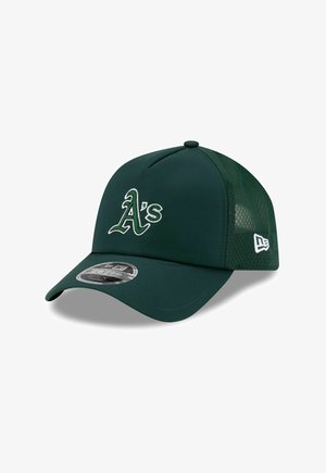 Dark green baseball cap with white "A's" logo on front and mesh back panel, New Era logo on side, and a curved brim.