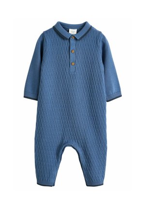 Strikket blå romper med et struktureret mønster, lange ærmer, en polokrave og tre træknapper ved halsen. Manchet i kanten.