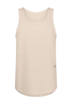 Béžový bavlněný top bez rukávů s kulatým výstřihem a širokými ramínky. Má mírně zakřivený lem a malou logovou nášivku na straně.
