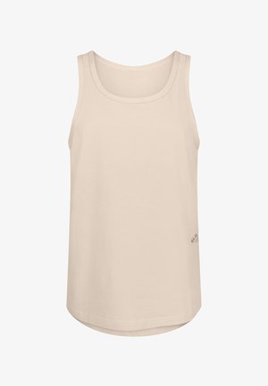 Beige bomulds tanktop med rund halsudskæring og brede skulderstropper. Har en let buet kanten og en lille logo detalje på siden.