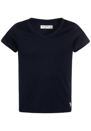 T-shirt noir uni pour enfants à manches courtes et col en V avec un petit logo élan blanc près de l'ourlet inférieur.