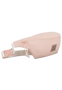 Rosa tygbälte med en slät yta, dragkedjestängning, justerbar rem och en liten läderliknande etikett på sidan.