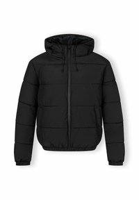 Sort puffjakke med hætte, vandret quiltet mønster, elastiske manchetter og justerbare snore på hætten og frontåbningen.