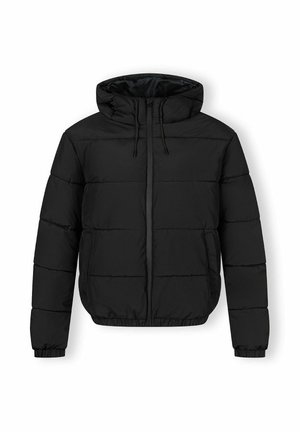 Jachetă pufă neagră cu glugă, model matlasat orizontal, manșete elastice și șnururi ajustabile la glugă și deschiderea frontală.
