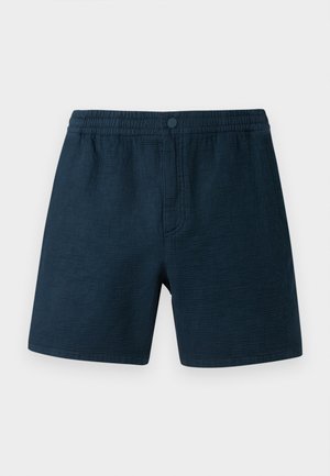 Pantalones cortos azul oscuro con un diseño texturizado y tejido. Cintura elástica con cierre de botón y sin bolsillos. Adecuados para un uso casual.