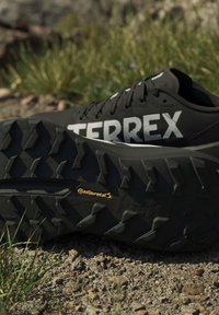 Черни туристически обувки Terrex с издръжливи гумени подметки Continental, поставени върху скален терен с трева на заден план.