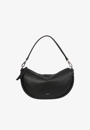 Black leather shoulder bag with a curved shape, textured surface, short handle, silver hardware, and a small tag detail at the side.
