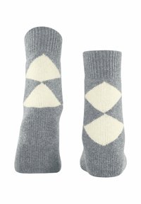Un paio di calze a maglia grigie con motivi a diamante color crema, con polsini a coste, esposte in piano con vista frontale e posteriore visibili.