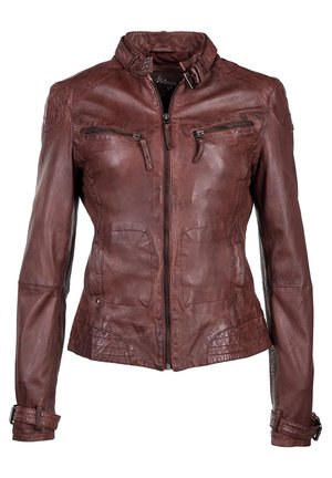 Braune Leder-Motorradjacke mit Stehkragen, Reißverschlusstaschen und einer strukturierten Oberfläche mit Nahtdetails.