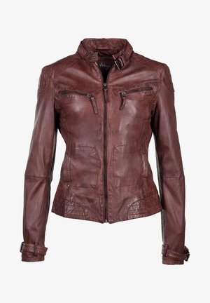 Braune Leder-Motorradjacke mit Stehkragen, Reißverschlusstaschen und einer strukturierten Oberfläche mit Nahtdetails.