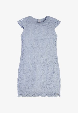 Ljusblå spetsklänning med blommönster, korta ärmar, rund halsringning och dragkedja bak, knälång med scallopad nederkant.
