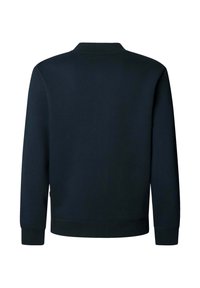 Mornarski dukserica s rebrastim ovratnikom, dugim rukavima i elastičnim manžetama. Glatka tekstura i jednostavan dizajn bez vidljivih logotipa ili uzoraka.