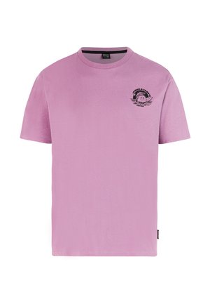 Pink T-shirt in soft cotton with a crew neck, short sleeves, and a graphic print featuring a cartoon design on the left chest.