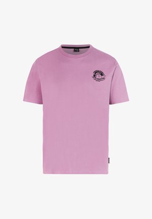 Roza majica od mekanog pamuka s okruglim izrezom, kratkim rukavima i grafičkim printom s crtaćem na lijevoj strani prsa.