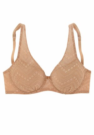 Lace beha in nude kleur met een driehoekige vorm, voorzien van geschulpte patronen en verstelbare bandjes voor een perfecte pasvorm.