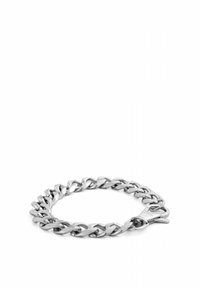 Bracciale in metallo argentato con maglie intrecciate, una texture liscia e una chiusura a fermaglio semplice.