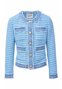 Texturerad ljusblå jacka med ett vävt mönster, gyllene knappar, fransade kanter och två framfickor med denimdetaljer.