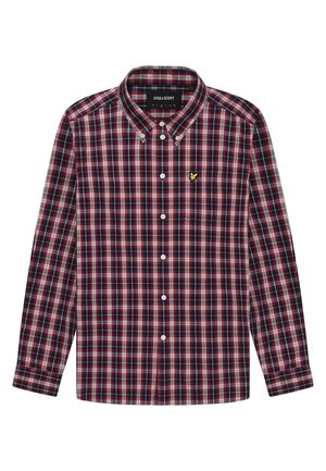 Rutigt långärmad skjorta med mönster i röd, marinblå och vit, med knapp-up krage och en liten gul logotyp på bröstfickan.