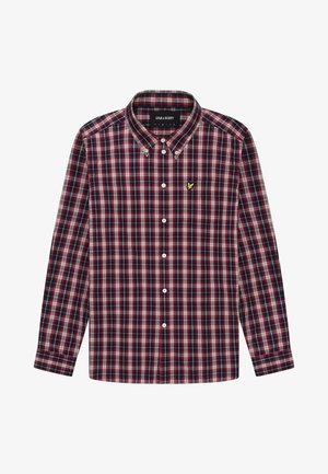 Rutigt långärmad skjorta med mönster i röd, marinblå och vit, med knapp-up krage och en liten gul logotyp på bröstfickan.