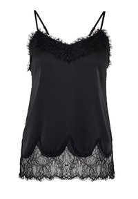 Svart satin camisole med justerbara axelband, med spetsdetaljer längs halsringningen och scallopad spetsnedre fåll. Slät textur överlag.