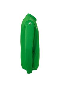 Grøn træningssweater med høj krave, lange ærmer og en glat stofstruktur. Inkluderer et logo på skulderen.