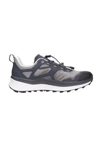 Leichter Trailrunning-Schuh in Dunkelgrau mit Mesh-Obermaterial, reflektierenden Akzenten, anpassbarem Schnürsystem und robustem schwarzen Laufsohle.