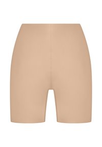 Beige high-waisted shorts met een gladde textuur, met een naadloos ontwerp en een uitsnede aan de voorkant.