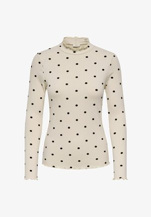 Bluzka z długim rękawem z prążkowanej tkaniny, z wysokim falbaniastym kołnierzem, kremową bazą w czarne groszki oraz falbaniastym wykończeniem na dole i mankietach.