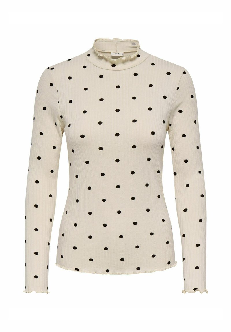Bluzka z długim rękawem z prążkowanej tkaniny, z wysokim falbaniastym kołnierzem, kremową bazą w czarne groszki oraz falbaniastym wykończeniem na dole i mankietach.