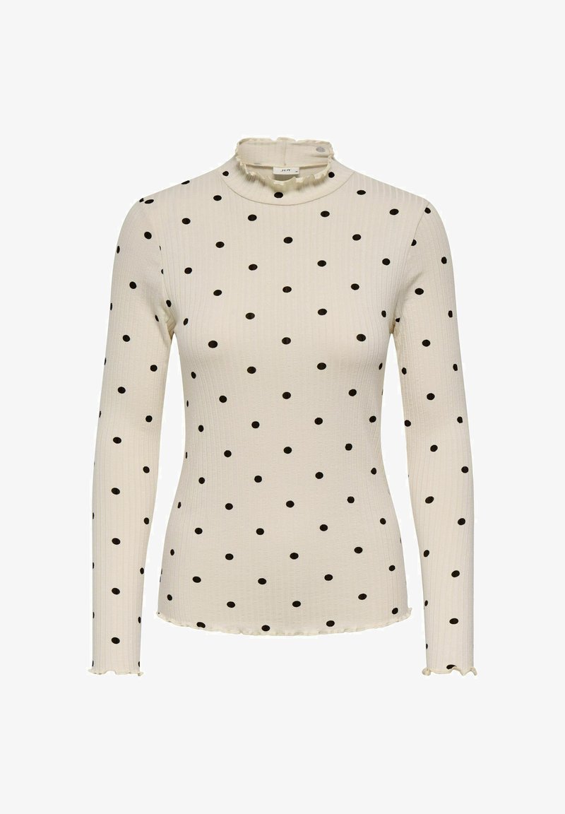 Bluzka z długim rękawem z prążkowanej tkaniny, z wysokim falbaniastym kołnierzem, kremową bazą w czarne groszki oraz falbaniastym wykończeniem na dole i mankietach.