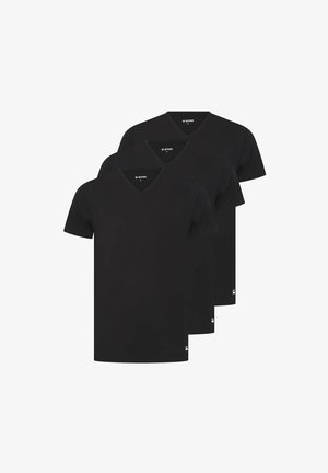 Drei schwarze Kurzarm-V-Ausschnitt-T-Shirts in Größe M übereinander gestapelt, auf weißem Hintergrund mit Markenlogo im Kragen.