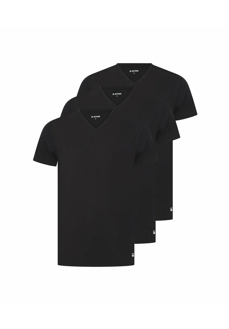 Drei schwarze Kurzarm-V-Ausschnitt-T-Shirts in Größe M übereinander gestapelt, auf weißem Hintergrund mit Markenlogo im Kragen.