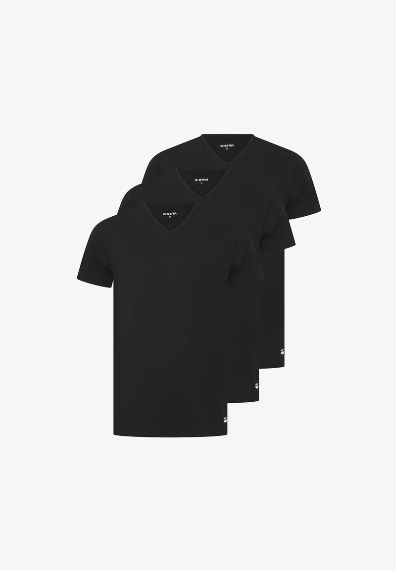 Drei schwarze Kurzarm-V-Ausschnitt-T-Shirts in Größe M übereinander gestapelt, auf weißem Hintergrund mit Markenlogo im Kragen.