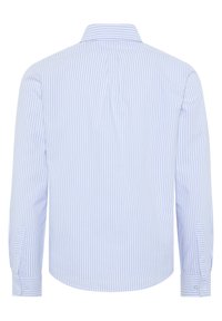 Light blue and white striped long-sleeve shirt, standard collar, button cuffs, back pleat, tailored fit, smooth cotton fabric.