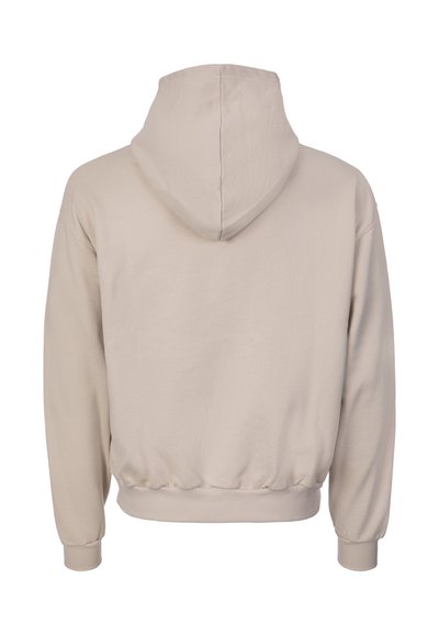 Sweat-shirt à capuche beige avec manches longues, poignets et ceinture côtelés, vu de dos sur un fond blanc.