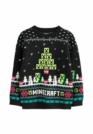 Schwarzer Minecraft-Pullover mit pixeligen grünen Creeper-Gesichtern, die eine Baumform bilden, TNT-Blöcke, weiße Bäume, rote Blumen und das Wort Minecraft.