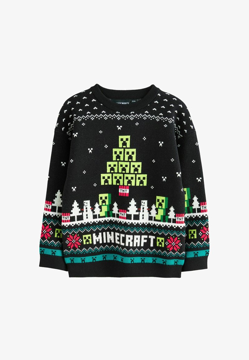 Black Minecraft sweater with pixelated green creeper faces forming a tree shape, TNT blocks, white trees, red flowers, and the word Minecraft.
