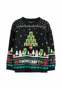 Zwarte trui met een Minecraft ontwerp, waaronder groene creepers, TNT-dozen en witte sneeuwvlokken. Ribbelkraag en kleurrijke hemaccenten.